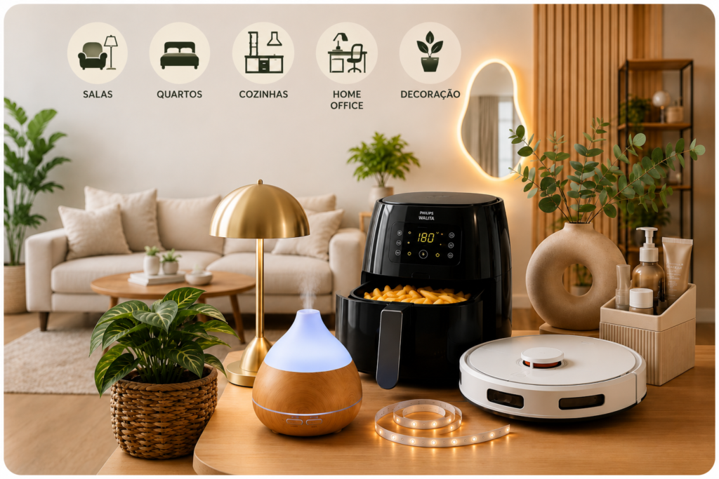 Sala moderna decorada com air fryer, robô aspirador, difusor de aromas, luminária, plantas e objetos decorativos representando as principais tendências de decoração para 2026.