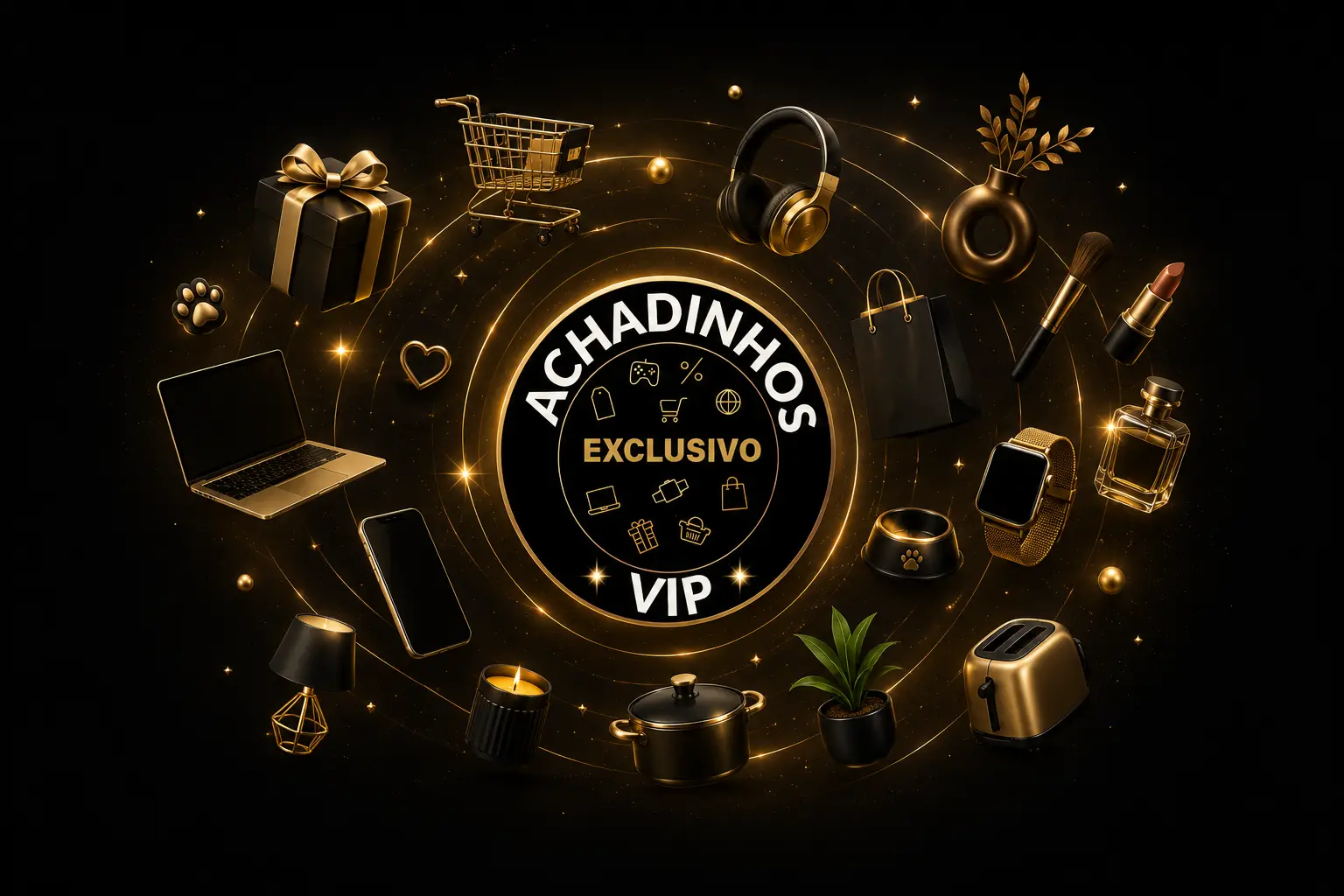 Logo dos Achadinhos VIP cercada por produtos de tecnologia, casa, decoração, beleza, pet e utilidades, representando a curadoria de ofertas, tendências e produtos selecionados.