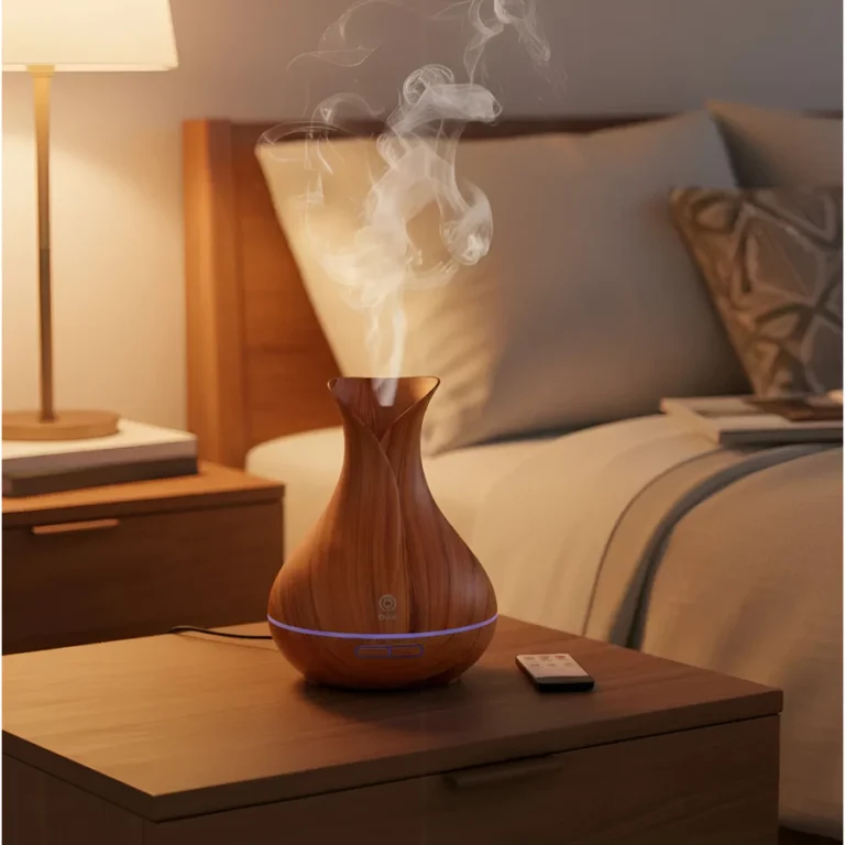Difusor de aromas ultrassônico com iluminação em LED e controle remoto sobre um móvel em ambiente moderno e aconchegante.