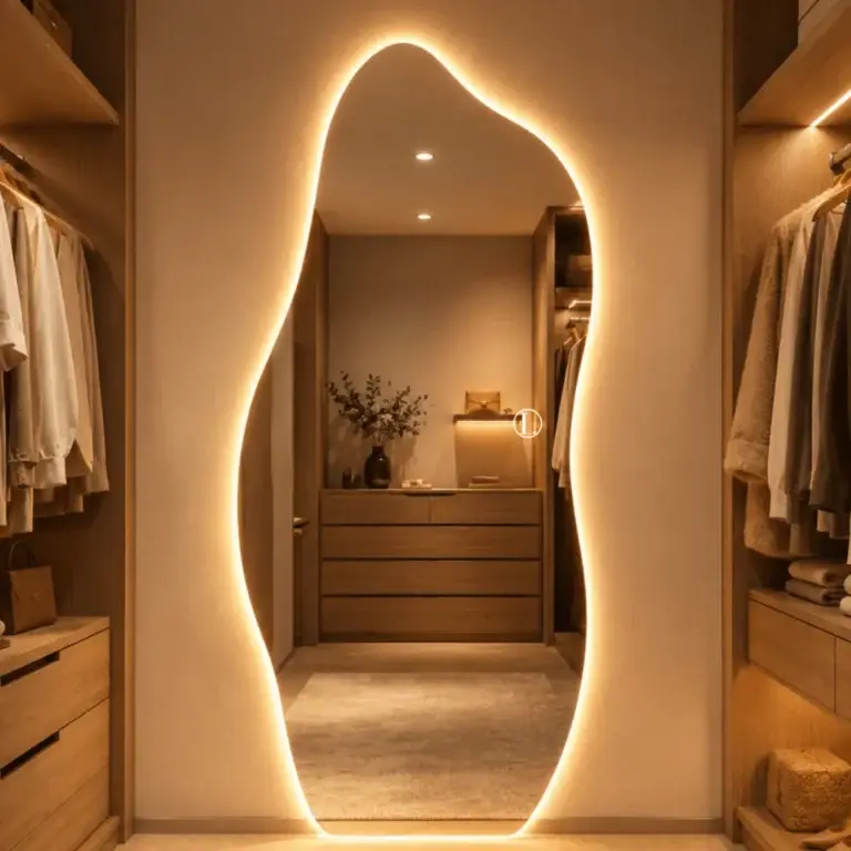 Espelho orgânico moderno lapidado com opção de LED Touch ou suporte, ideal para salas, quartos, closets e ambientes contemporâneos.