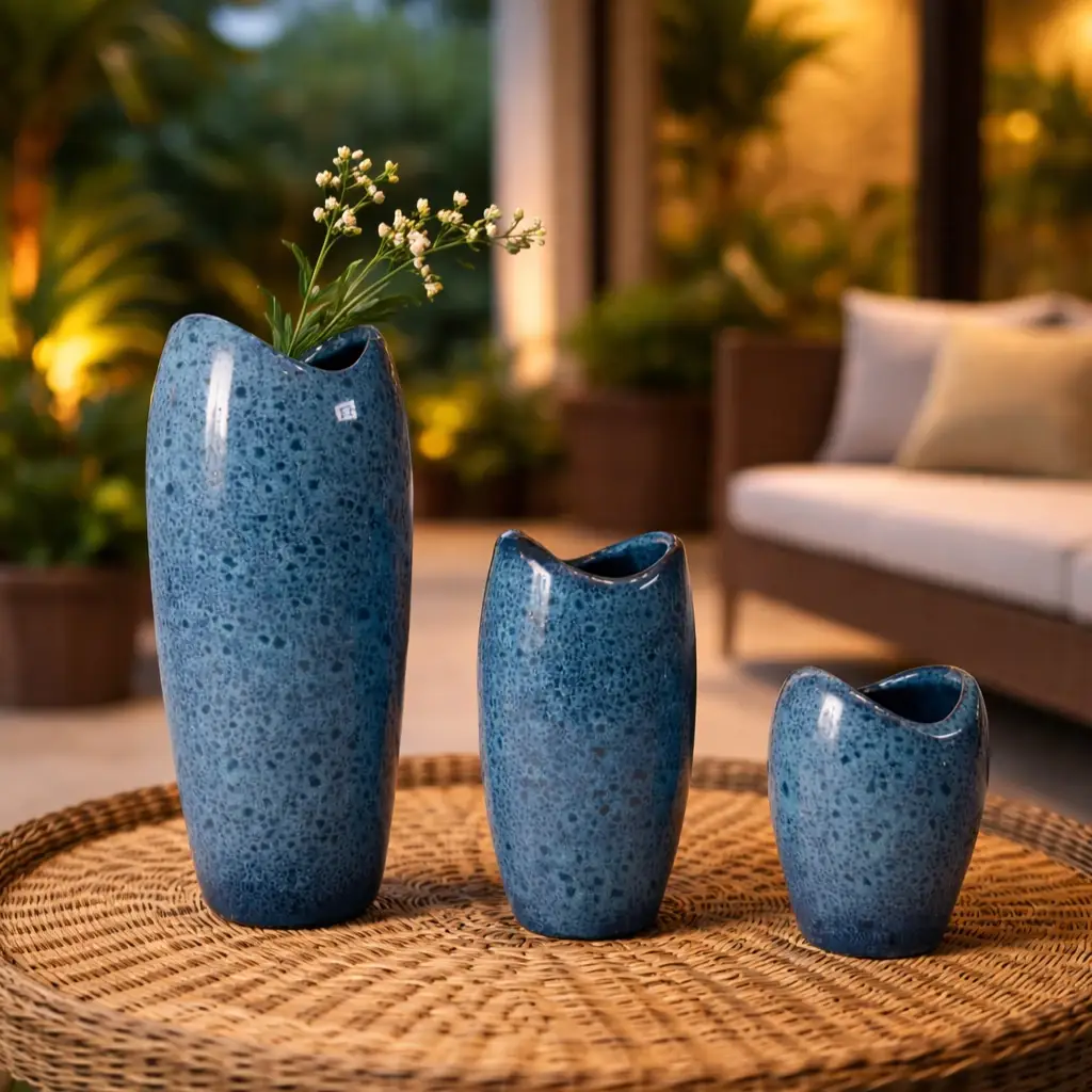 Trio de vasos decorativos em cerâmica premium sobre um aparador em ambiente moderno, compondo uma decoração elegante e contemporânea.