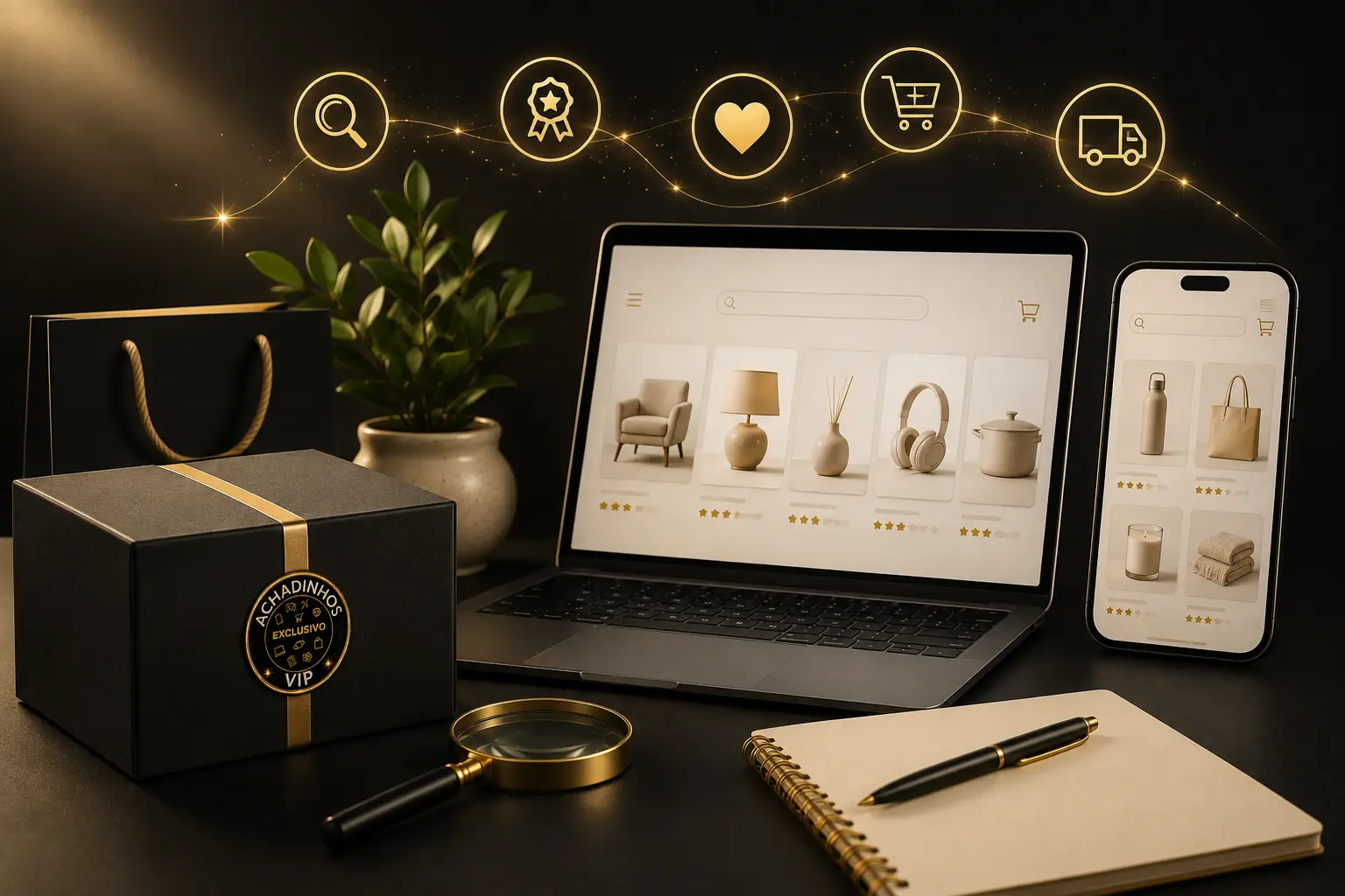 Ilustração da curadoria do Achadinhos VIP com notebook, smartphone, embalagem premium e itens que representam a seleção criteriosa de produtos recomendados.
